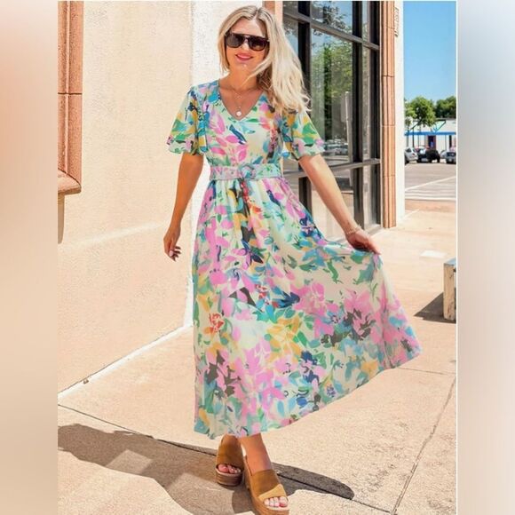 Summer Floral V Neck Midi Dress Boho - Picture 3 of 3